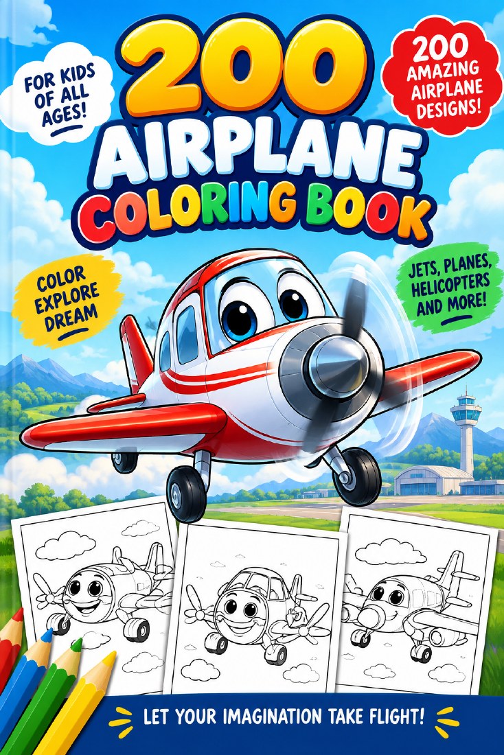 Portada original del ebook 200 Airplane Coloring Book, con un avión rojo sonriente