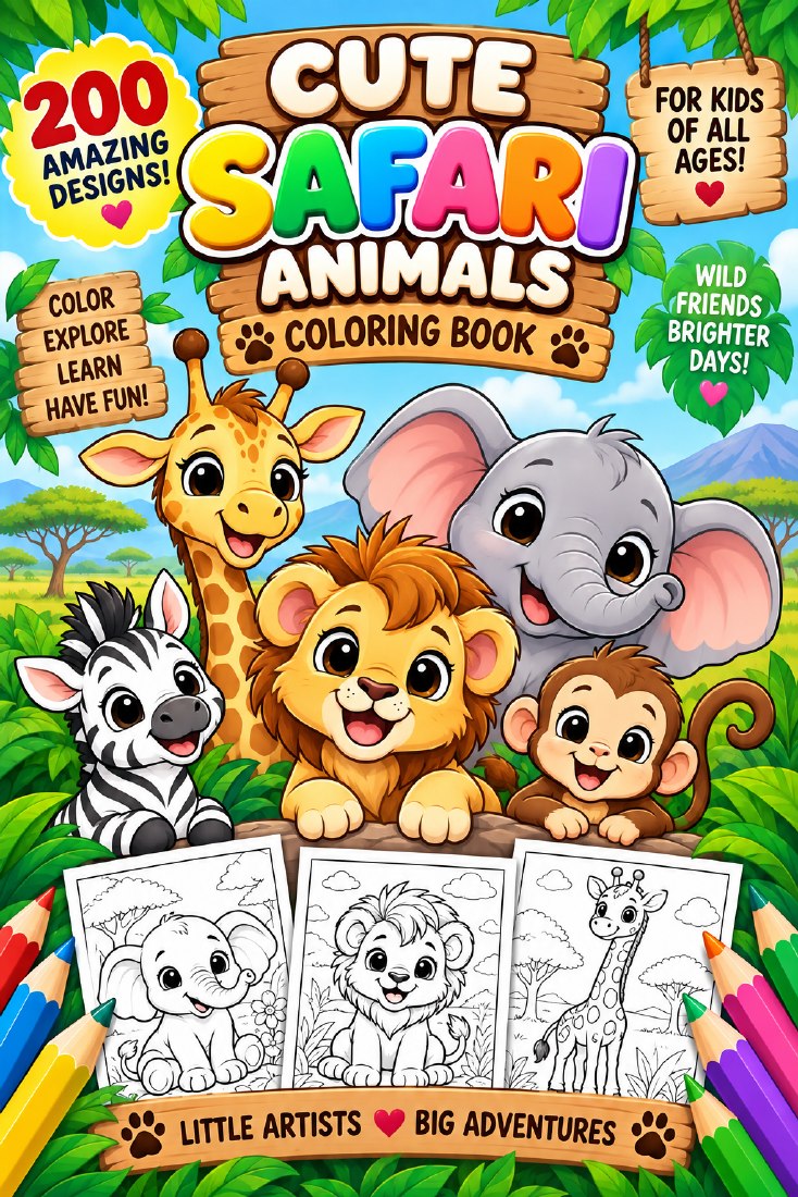Portada original del ebook de animales de safari para colorear
