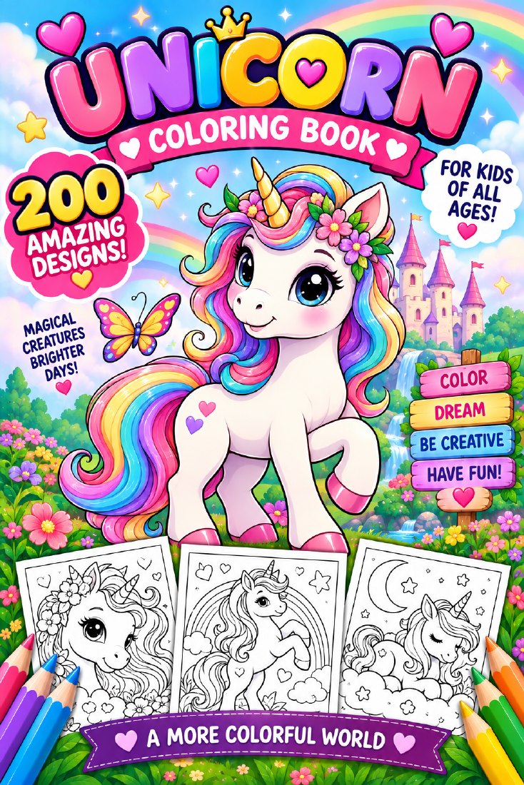 Portada original del ebook de unicornios para colorear